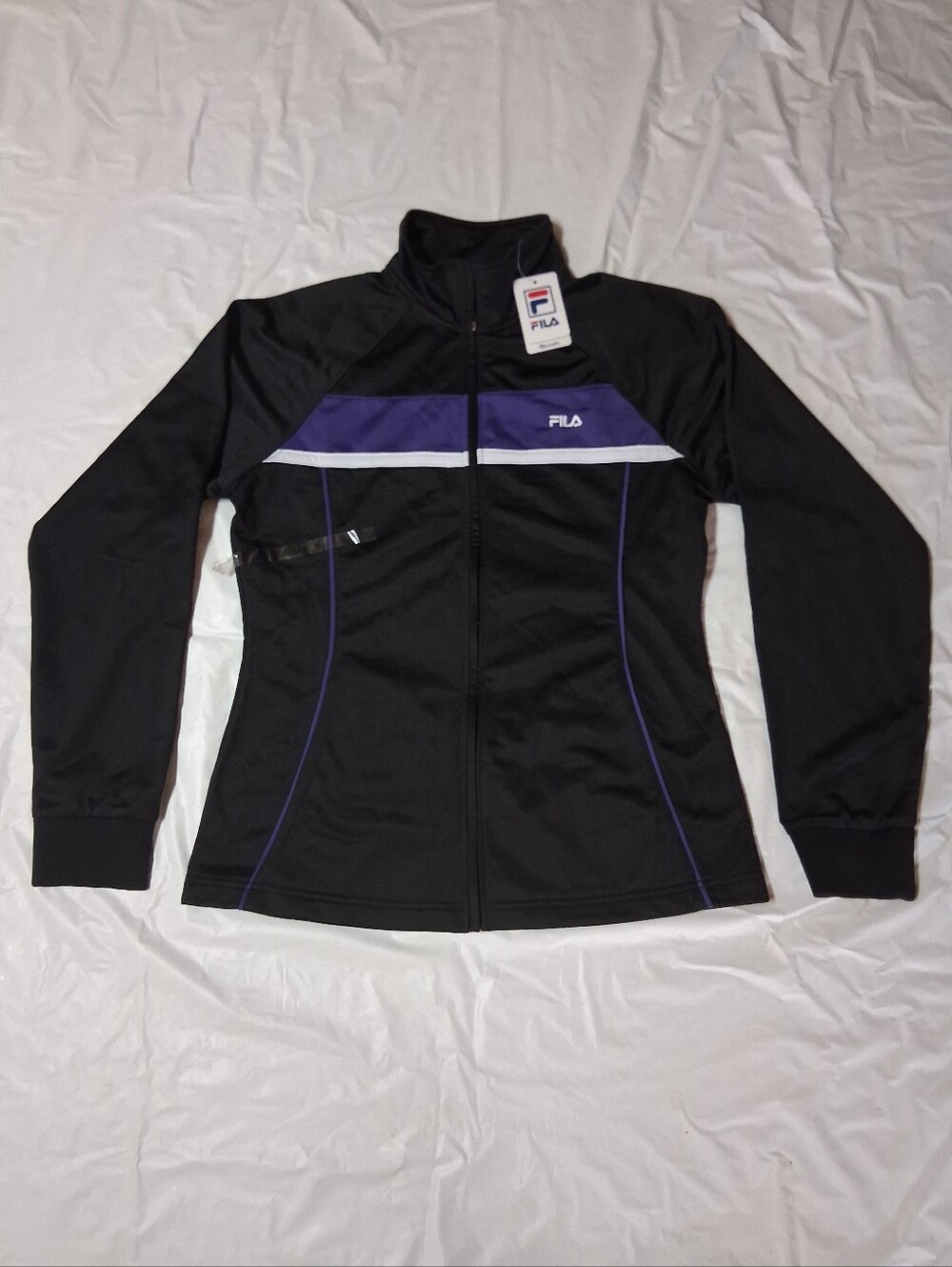 New Fila Black Jacket with Purple and White Stripe Athletic Zip-Up Sz M